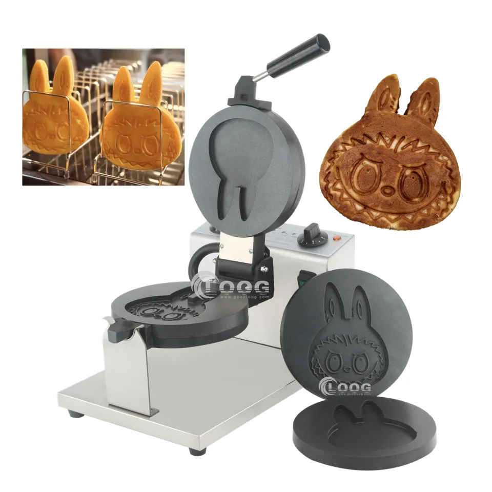 Nuova attrezzatura per street food piastra per waffle in acciaio inox di forma carina personalizzata, macchina professionale per waffle grandi Labubu in vendita