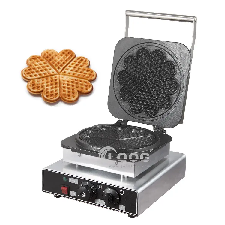 Macchina per waffle belga elettrica professionale con piastra singola antiaderente a forma di cuore, controllo della temperatura, 220 V, vendita all'ingrosso
