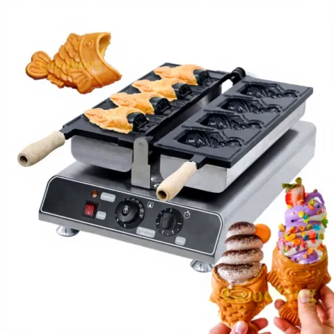 Commercial Hotels Kitchen Equipment Korean Mini Ice Cream Taiyaki Maker Open Mouth Fish-Shaped Electric Waffle Making Machine