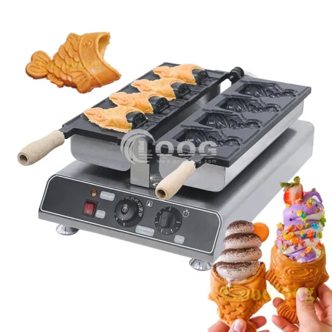 Wholesale 220V Kitchen Equipment 4PCS Open Mouth Fish Shape Taiyaki Waffle Maker Small Commercial Ice Cream Taiyaki Machine