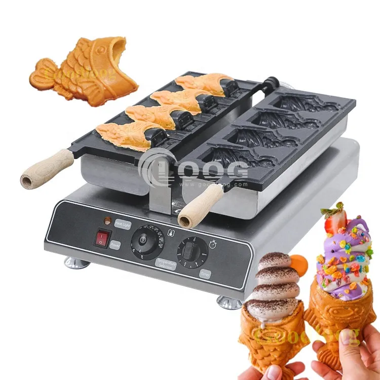 Attrezzatura da cucina 220 V all'ingrosso, piastra per cialde taiyaki a forma di pesce con 4 fori aperti, macchina commerciale piccola per taiyaki gelato