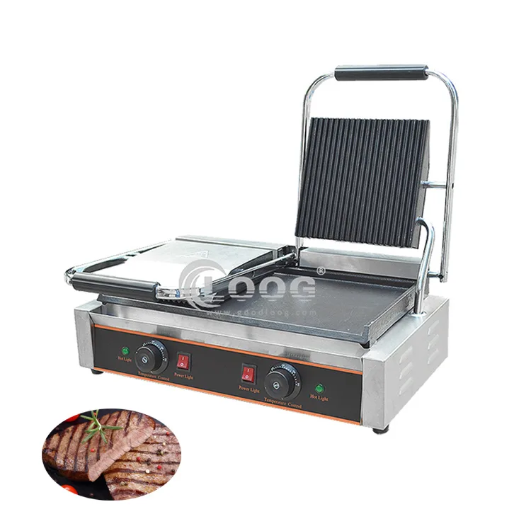Nuova piastra per panini piatta con scanalature, superficie antiaderente per hamburger, bistecche e bacon, grill elettrico a contatto commerciale