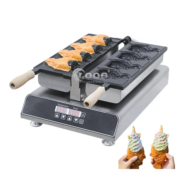 Macchina professionale elettrica in acciaio inox per waffle a forma di pesce, cono gelato e taiyaki, per uso commerciale