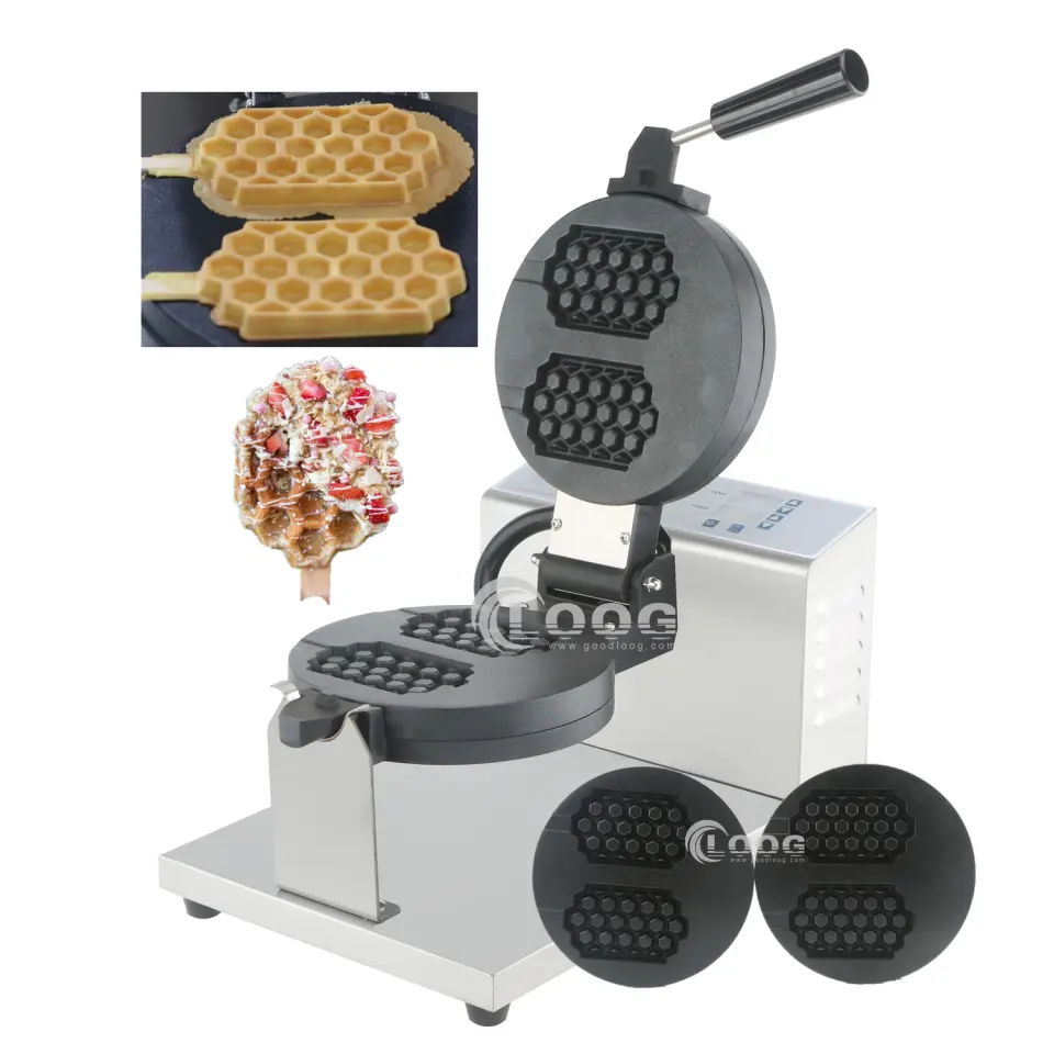 Máquina de Waffles Múltiple con Placas Intercambiables Antiadherentes, Eléctrica Digital con 2 Varillas, Forma de Panal, para Girar