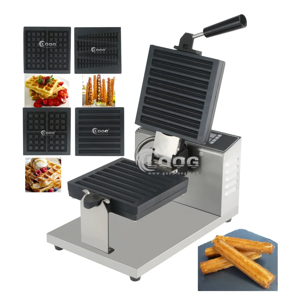 Máquina comercial para bocadillos, churros, paletas y gofres en palo, eléctrica con recubrimiento antiadherente, fabricante de churros y gofres