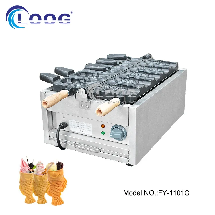 Popular horno comercial de gofres con 3 moldes de pescado boca abierta, máquina para hacer conos Taiyaki en venta