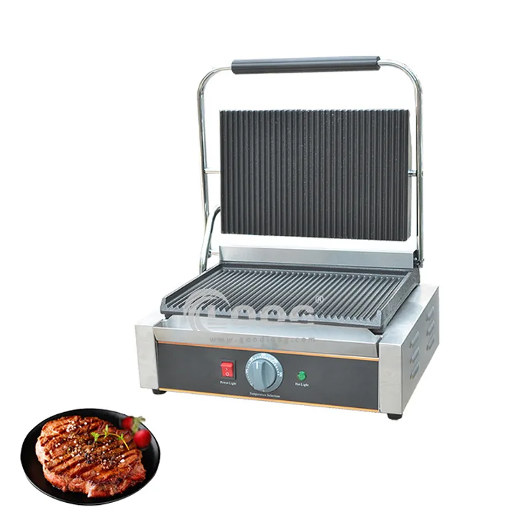 Grill elettrico commerciale per panini e toast con piastre completamente rigate, grill a contatto commerciale per panini