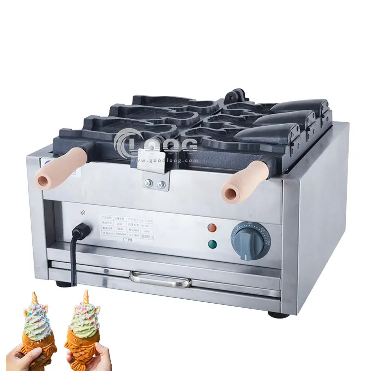 Goodloog Fábrica Mejor Máquina Comercial Eléctrica para Conos de Helado y Waffles, juego de 3 piezas, con boca abierta, forma de pez grande, máquina para taiyaki y waffles en venta